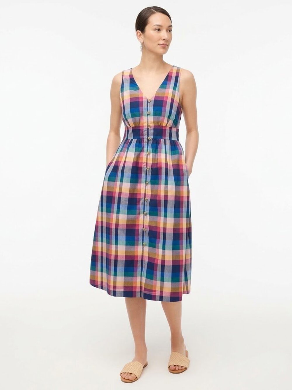 J.Crew Womens Sleeveless Colorful Plaid V-Neck faux Button Front Midi Dress 10